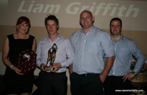 L-R Marie Leonard(Tir Na nÓg Beauty Salon Award Sponsor), Liam Griffith(Colts Junior Player of the Year), John Hayes, Andrew Maxwell(Colts Junior Coach)